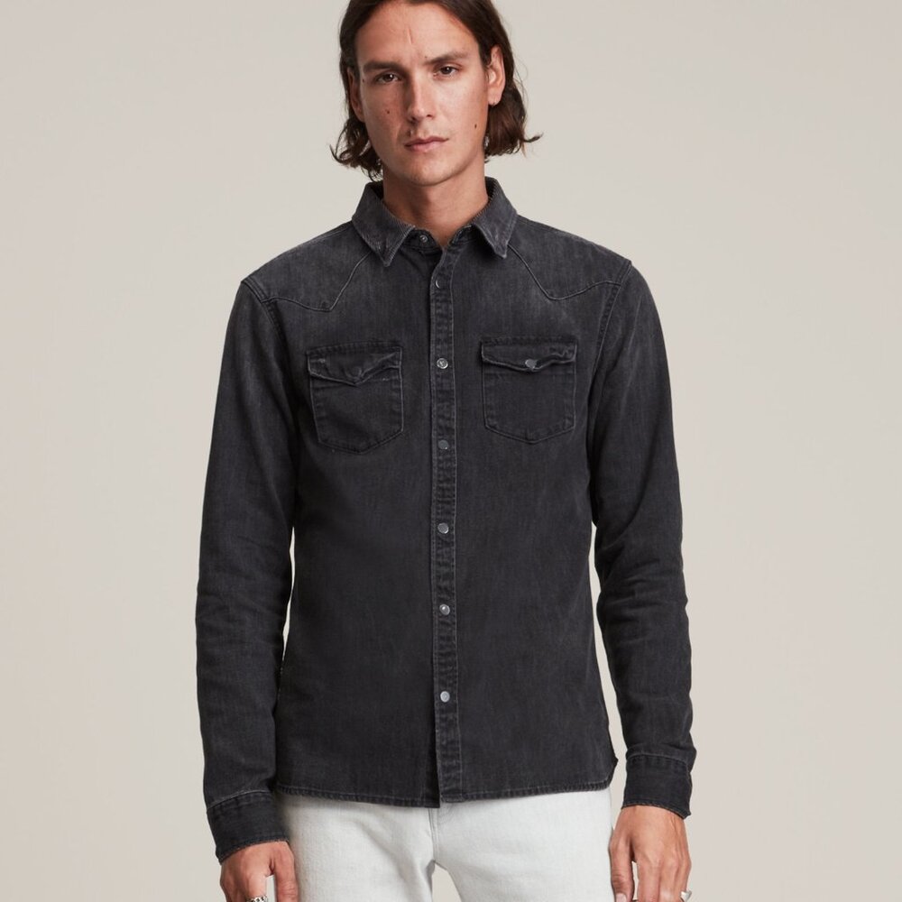 All Saints Flaxton Men's Denim Shirt Washed Black XXL